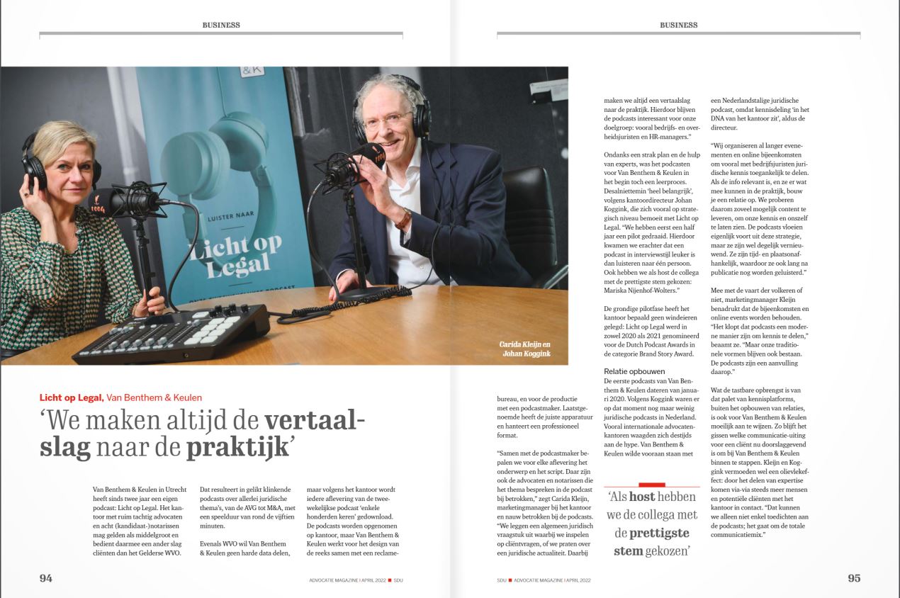 Interview over Licht op Legal in Advocatie Magazine